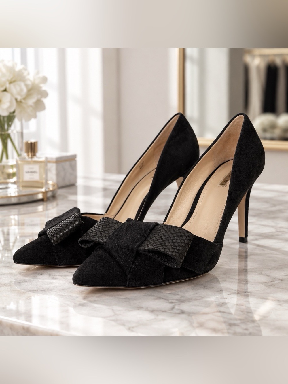 Tahari Black Suede Pointed-Toe Bow Pumps